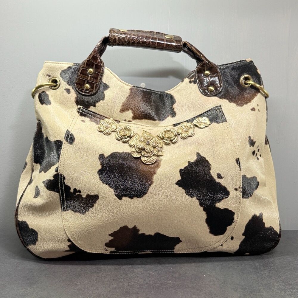 Y2K Satchel Handbag Shoulder Crossbody Western Cow Cream Brown Large